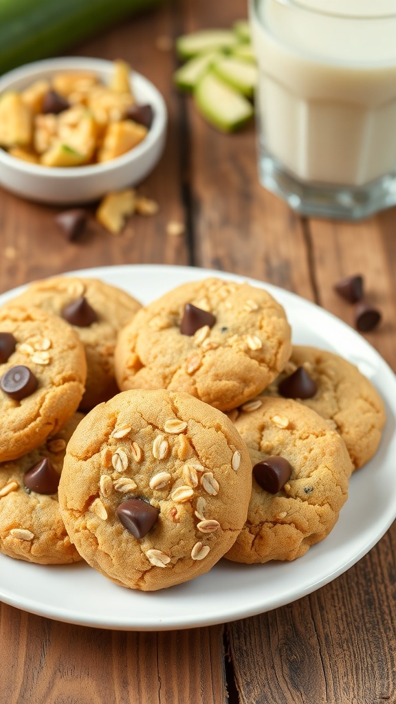 A plate of golden zucchini cookies with oats and chocolate chips, alongside grated zucchini and a glass of milk.